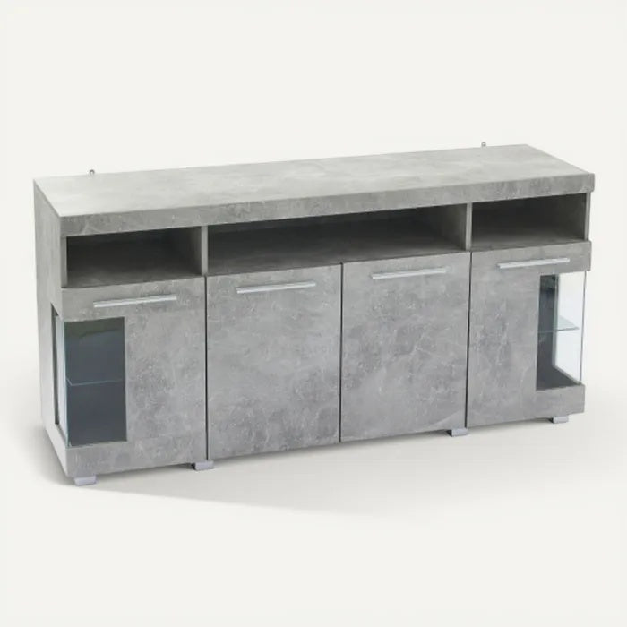 **Moderne grijze TV-meubel met glazen deuren en open schappen**