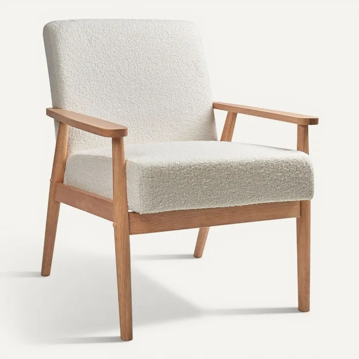 Technische titel in het Nederlands: **Minimalistische fauteuil met houten poten en zachte bekleding**